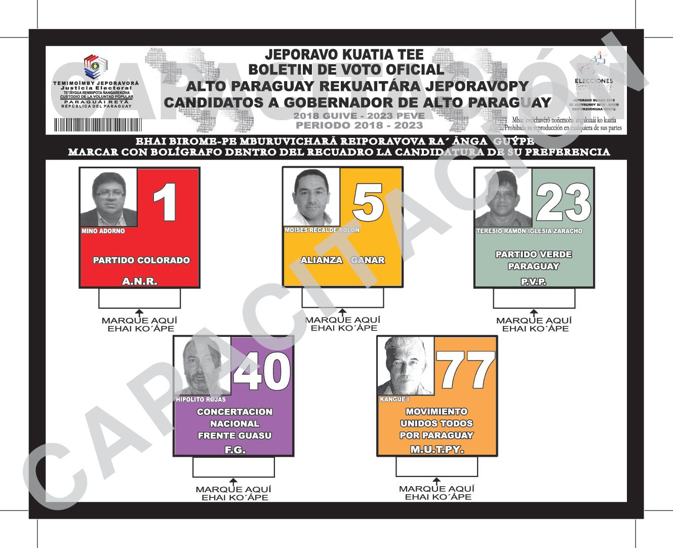 Boletin de voto de candidatos a GOBERNADOR de ALTO PARAGUAY